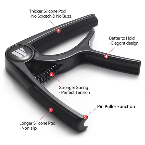 Image of WINGO Guitar Capo for Acoustic Electric Guitars, Black & 10 Nonslip Picks | Strong Spring, No Buzz, Zinc Alloy, Pin Puller