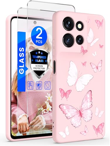 Yucenx for Motorola Moto G 5G 2025 Case, Girls Women Florals Liquid Silicone Phone Case, Shockproof Anti-Scratch Soft Protection Case with 2X Screen Protectors for Moto G 5G 2025 (Pink Butterflies)