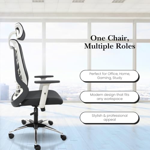 Image of activa Cyber Ergonomic High Back Office Chair | Mesh Computer Chair with Adjustable Headrest | Lumbar Support | Armrest & Swivel Wheels | Comfortable Chair for Home /Office /Study /Gaming (White Grey)