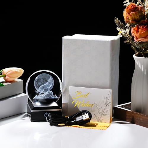 Image of Qianwei Wolf Gifts for Women 3D Crystal Ball Figurines Statue Night Light | Wolves Globe Decor 3.14'' Laser Engraved Glass Animals Stuff For Room Lamp Decorations Wolf Theme Birthday Gifts For Men