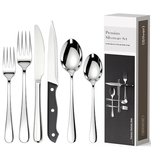 Astercook 25-Pieces Silverware Set with Steak Knives, Tableware Set for 4 - Great Food-Grade Stainless Steel Flatware Set, Mirror-Polished Dining Utensil Set Perfect for Home & Restaurant