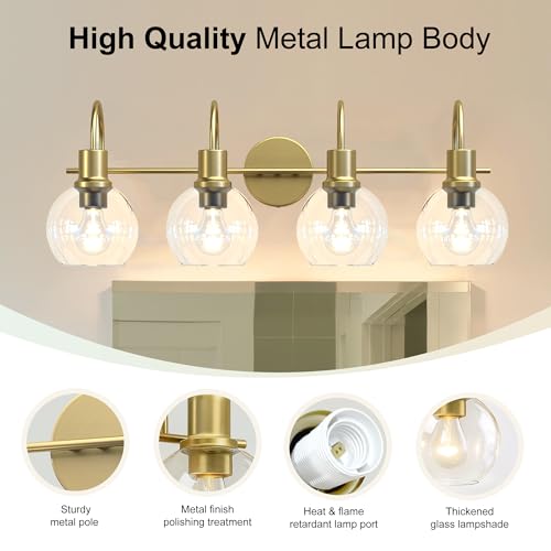 Image of 4-Light Gold Bathroom Vanity Light, 28 inch Modern Brushed Gold Wall Sconce with Clear Glass Shades, Bathroom Light Fixtures Over Mirror Lighting for Bedroom, Hallway,Easy Installation