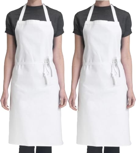 4sold Paquete de 2 delantales unisex ajustables con 2 bolsillos gruesos para cocina, restaurante, café, blanco, Talla única