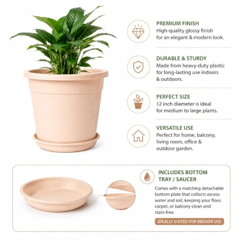 Image of 12 Inch Glossy Plastic Planter with Bottom Plate | Heavy Duty Flower Pot with Tray for Indoor Home Decor, Balcony, Living Room & Outdoor Garden (3 Pot, Blush Pink Sparkle)