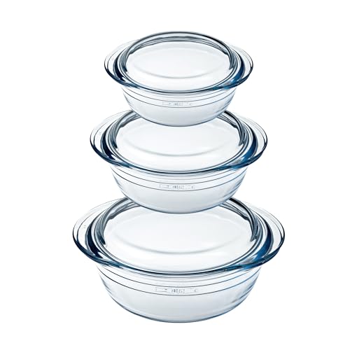 Ôcuisine Casserole Glass Round Dishes with Handles Oven Safe - Freezer Safe - Microwave Safe Borosilicate Glass Made in France (Set 1.4LT + 2.1LT + 3LT)