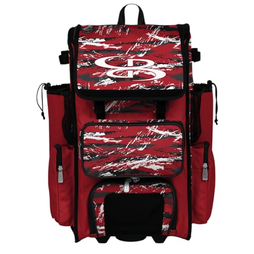 Boombah Rolling Superpack Baseball/Softball Gear Bag - Telescopic Handle - Holds 4 Bats - Wheeled Version - Razor Red/Black/White