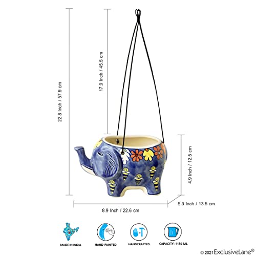 Image of ExclusiveLane 'The Bee Collective' Handpainted Ceramic Hanging Planters for Balcony for Indoor Plants (Blue, 8.9 * 5.3 * 4.9Inch), (L * W * H) = (8.9 * 5.3 * 4.9) Inch (EL-021-131)