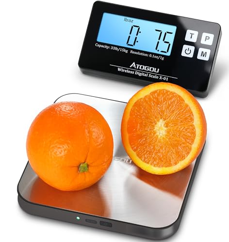 Atogou Food Scale, 33lb Wireless Kitchen Scale with Remote Display, 1g/0.1oz Precise Graduation, 304 Stainless Steel, Magnetic, Digital Scale for Cooking, Baking, Postage, Shipping, Grey&Silver