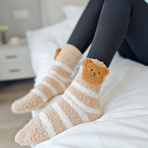 Image of 5 Pairs Fuzzy Socks for Women, Winter Thickening Coral Velvet Cozy Socks, Warm Home Sleeping Socks, Cute Animal Slipper Socks
