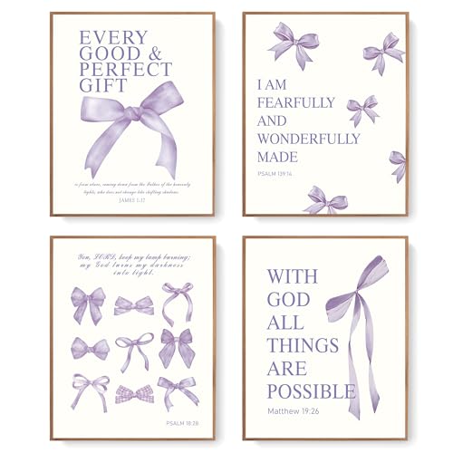 LARTSFRO Coquette Purple Bow Christian Wall Art Decor Posters, Purple Bow Room Bedroom Bathroom Dorm Wall Art Decor Aesthetic for College Teen Girls Gifts, Inspirational Bible Verses Bow Wall Decor, 10x8 Inch Set of 4 Pcs Bow Pictures (UNFRAMED)