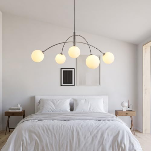 Image of Mid Century Modern Chandelier, 5 Light Silver Sputnik Light Fixture with White Glass Globe Shade, Adjustable Modern Sputnik Chandelier for Dining Room Kitchen Bedroom