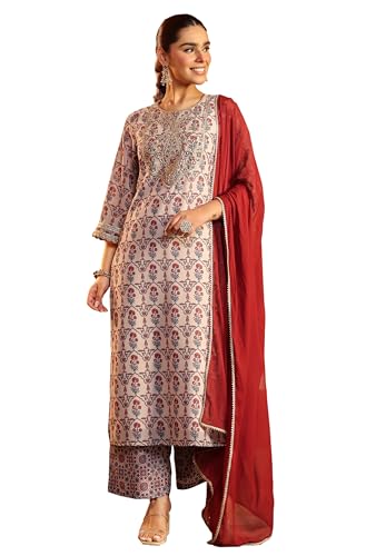 Image of Janasya Women's Georgette Yoke Zari Embroidered Ajarakh Printed Straight Kurta Set