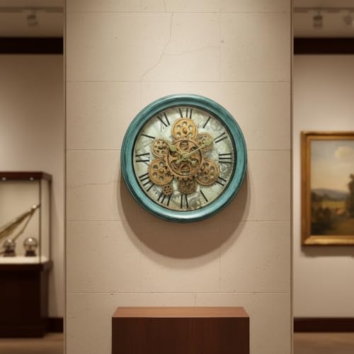 Image of STAR WORK Vintage Gear Wall Clock Industrial Rustic Farmhouse Classic Style Mechanical Charm Perfect for Living Room Bedroom Office or Entryway Decor (Blue -14 INCH)