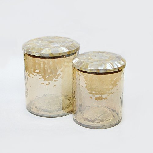 Image of nu steel Hammered Glass Canister Small with MOP LID, Bathroom Vanity Glass Storage Organiser Canister Apothecary Jars for Cotton Swabs, Rounds, Balls, Makeup Sponges,