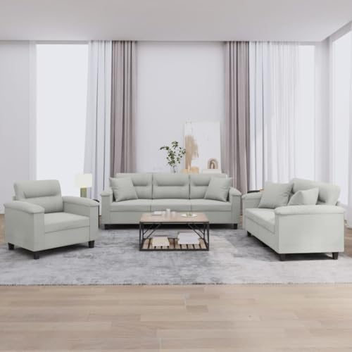 vidaXL Sofagarnitur 3-TLG., Sessel Couch mit Kissen, Sofa Wohnzimmersofa mit Armlehnen, Couchgarnitur Designsofa Sitzmöbel Polstermöbel, Hellgrau Mikrofasergewebe – Bild 3
