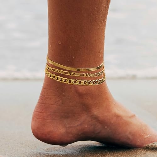 Image of 14K Gold Anklets for Women Waterproof Rhinestone Ankle Bracelet Layered Cuban Link Chain Diamond Anklet Beach Jewelry for Women (GOLD- Anklets-Style-C)