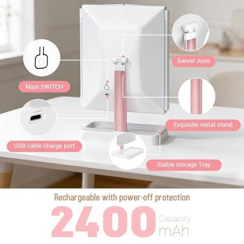 Image of MAYCREATE Tri-Fold LED Makeup Mirror, 90 Swivel Lighted Vanity Mirror with 2X /3X Magnification, 3-Color Dimmable Desk Makeup Mirror, Touch Button, 2400mAh USB Rechargeable Desktop Cosmetic Mirror