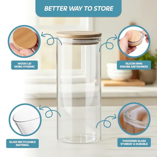 Image of amazon basics Set of 6 Large Borosilicate Glass Jars with Airtight Bamboo Lids | 1000ml Wide Mouth Kitchen Containers for Flour Rice Pulses | BPA-Free Food Grade Storage Canisters