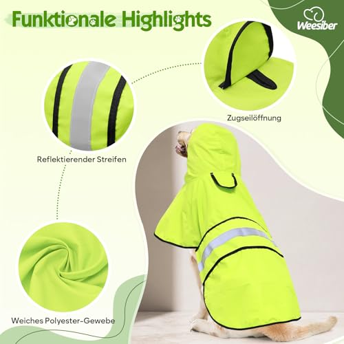 Weesiber Hunderegenmantel, Reflektierender Hund Regenmantel mit Leinenloch, wasserdichte Regenjacke Hunde Verstellbarer Hundeponcho Mit Kapuze (XL, Grün)