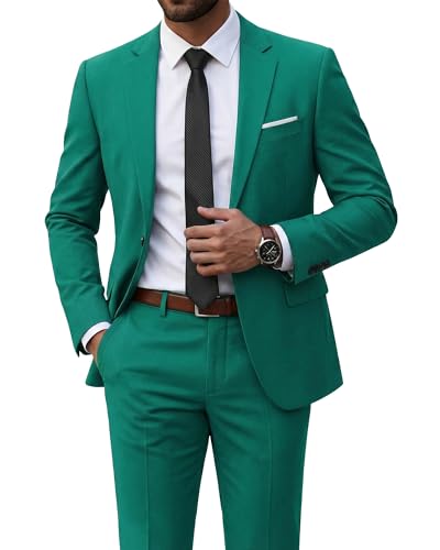 YND Men's 2 Piece Suit with Tie, One Button Slim Fit Solid Jacket and Pants Set, Suits for Men Prom Party Wedding & Business, Green