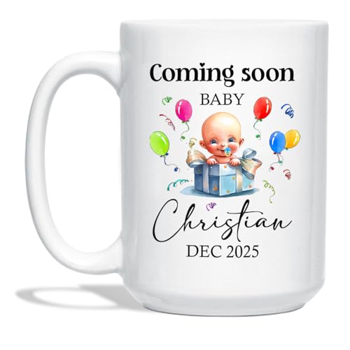 Personalized Name & Year Coming Soon Baby Ceramic Mug 11 Oz 15 Oz, Customized Pregnancy Announcement White Coffee Mug Cup Gift For New Daddy Grandpa Grandma, Unique Baby Coming Travel Coffee Cup Gift