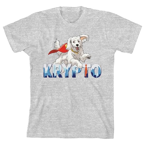Superman Movie 2025 Krypto with Masked City Scape, White Dog with Red Cape Flying on Athletic Heather Kids T-Shirt-Large