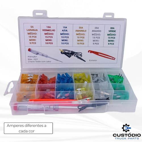Kit 150 Fusível Lâmina de Várias medidas e Amperes com Estojo Organizador Extrator de Fusível Chave