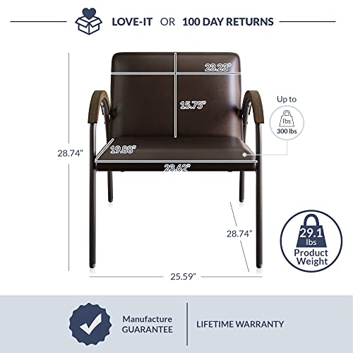 Belleze Mid Century Modern Accent Chair, Living Room Chair With Metal Frame, Unique Curved Design Faux Leather Armchair For Bedroom, Sitting Chair Reception Chair - Apex (Brown) #TOP1