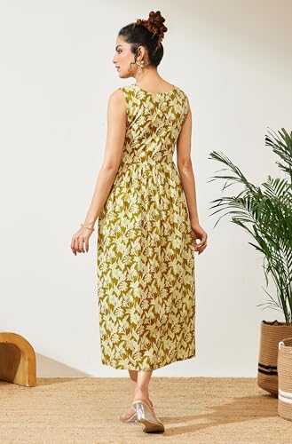 Image of Janasya Women's Olive Green Pure Cotton Floral Printed A-line Dress