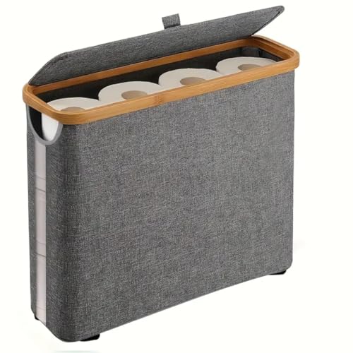 Cesto portaoggetti da bagno con coperchio, organizer per 9 rotoli di tessuto, design a strisce di legno nero con struttura in metallo