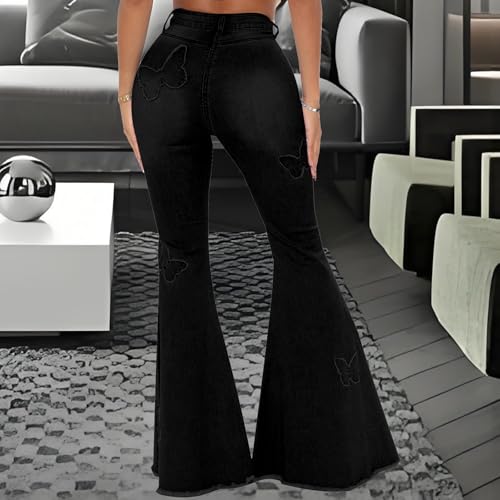Black Bell Bottom Jeans for Women Elastic High Waisted Raw Hem Denim Pants Butterfly Embroidered Classic Flare Jeans by PaladMom - Used condition - Image 8