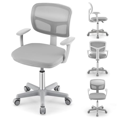 COSTWAY Silla Escritorio Infantil, Silla Juvenil para Escritorio, Silla para Niños con Altura Regulable, Ruedas con Frenos, Silla Giratoria de Red para Niños 3-10 años, para Casa Escuela (Gris)