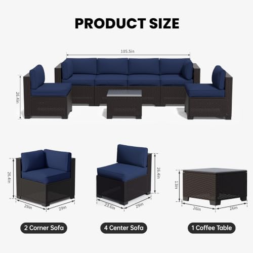 Image of 7 Piece Patio Furniture Set, Wicker Patio Conversation Sets, Outdoor Sectional Furniture with Tempered Glass Table, for Backyard, Deck, Garden, Dark Brown Rattan & Navy Blue Cushions
