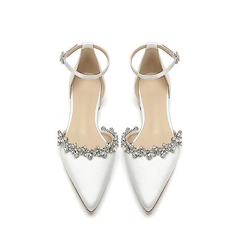 Pointed Toe Satin Wedding Flats for Bride Comfortable Rhinestones White Wedding Shoes Low Heels Bridal Flats Evening Prom Party Dress Shoes Pumps for Women2