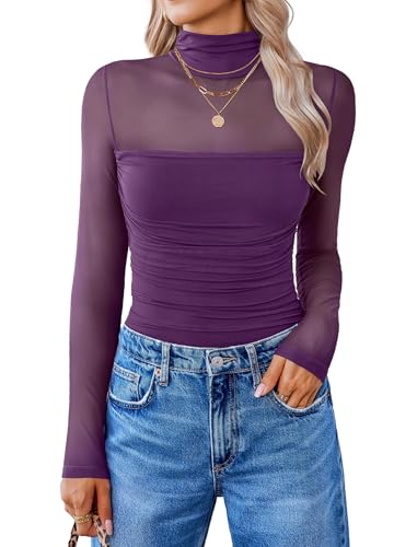 Image of Avidlove Women Long Sleeve Bodysuit Turtle Neck Shapewear Body Suits Mesh One Piece Leotard Shirt Going Out Tops Fall Outfits