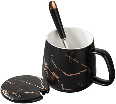 Taza de café de mármol de cerámica de 12 onzas, taza de té con tapa y cuchara para hombres y mujeres, aislada y antiquemaduras, apta para