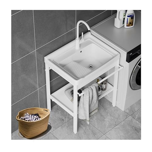 Lavabo Lavanderia Utilità ,Lavello da Cucina Autoportante,Lavandino da Giardino Esterno,Lavatoio Ceramica,con Rubinetto,Componenti di Drenaggio,Supporto in Acciaio Inox,per Garage,Cortile,interno/Este