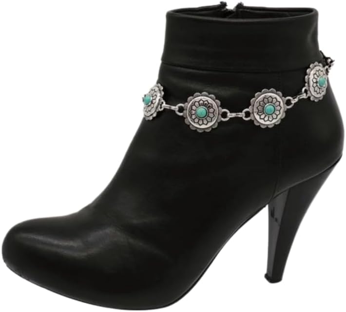 Women’s 2PCS Western Boot Chain Bracelets – Silver Metal Chain Anklet with Turquoise Blue Flower Charms – Adjustable Shoe Ethinc Jewelry SET BC98