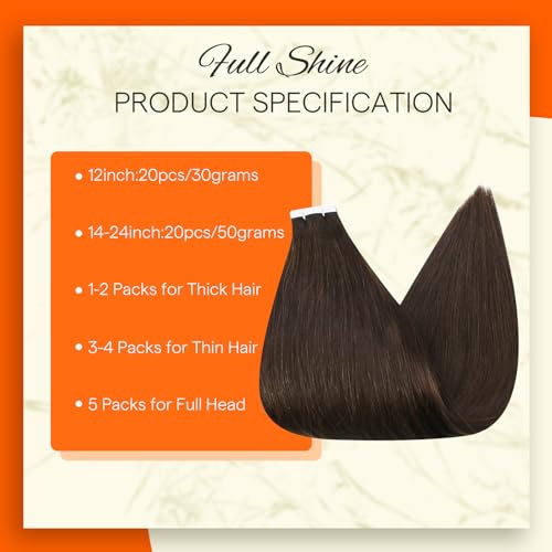 Image of Full Shine Hair Extensions Tape in Color 2 Dark Brown Tape in Hair Extensions Human Hair 12Inch Skin Weft Hair Extensions 20Pcs 30Gram Tape Ins Human Hair Extensions for Women