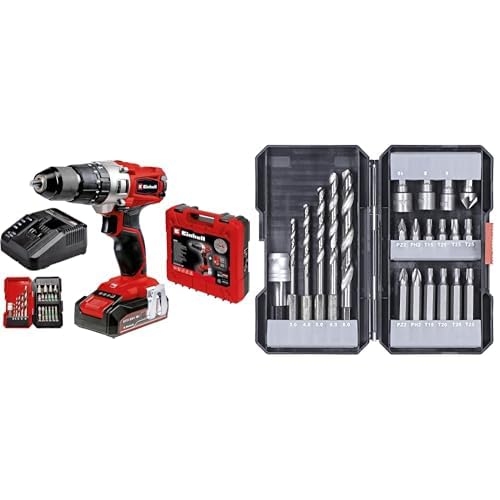 Einhell Taladro percutor con batería de 2,5Ah TE-CD 18/2 Li +22 (1x2,5 Ah) PXC (18 V, 44 Nm, engranaje de 2 veloc., cargador rápido, caja de puntas de 22 piezas y maletín) + Kit de brocas/ puntas