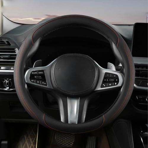 HZEL Car Steering Wheel Cover, 15 Inch Leather Comfortable Vehicle Steering Wheel Protector with Inner Rring, Anti-Slip Automotive Interior Accessories, Universal for SUV RV Truck (Black/Orange)