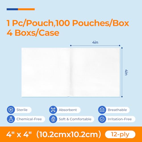 Image of 400 Packs Sterile Gauze Pads 4x4 Inch 12-Ply, 100% Cotton Large Gauze Sponges for Wound Care, Highly Absorbent Bulk Hospital-Grade First Aid & Surgical Dressing