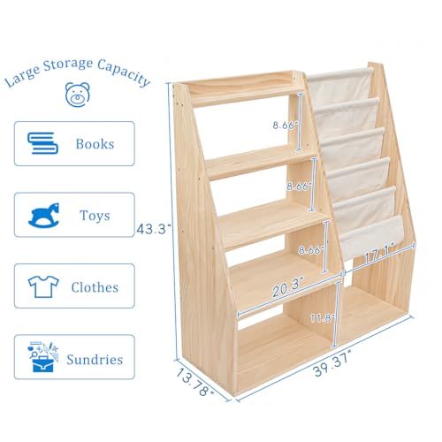 MORIMOE Kids’ Bookcase & Toy Storage Organizer, Solid Wood, 100% Non-Toxic, Multipurpose Bookshelf for Playroom, Toddler Room, Classroom, Large Capacity