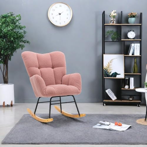 Image of ChicFurnit Nursery Rocking Chair, Glider Rocker with High Backrest,Modern Teddy Fabric Tufted Upholstered Armchair with Padded Seat,Rocking Chair for Living Room,Nursery, Bedroom&Office,Pink