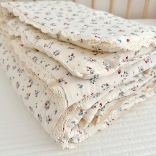 Image of BuLuTu Elegant Floral Muslin Quilt Blankets for Kids Boys Girls Toddler Bed Blanket with Lacey Edges Soft Lightweight Toddler Comforter Crib Quilt for All Seasons, 47x59 Inches