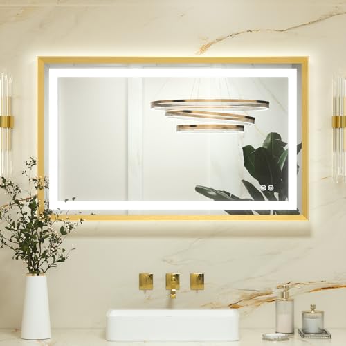 Keonjinn Miroir de salle de bain doré avec lumières LED 100x60 cm, miroir de courtoisie antibuée avec cadre doré éclairé à l'avant et à l'arrière, 3 couleurs de luminosité variable, miroirs numériques