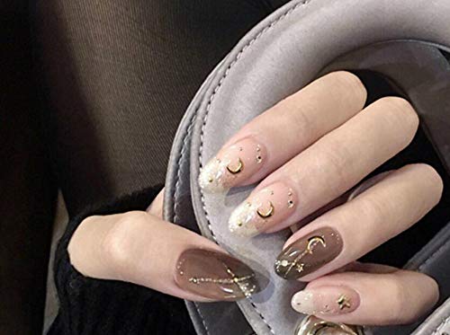 Cathercing 24 Pcs Design False Nails Smooth Medium Beauty Nails With Star Moon Pattern Fake Gel Nails Tips Art Clip on Nail for Women Girls Gift Prom Party Halloween (black and white)