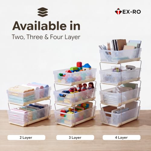 Image of TEX-RO Stackable Storage Baskets Organizer - 3 Tier Multipurpose Plastic Storage Rack with Stainless Steel Support Rods for Bathroom, Vanity, Wardrobe & Under Sink Storage (Clear /Beige)