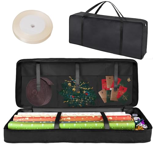 Geschenkpapier Aufbewahrung Schwarz, 600D Oxford Aufbewahrungstasche für Geschenkpapier Organizer with Zierband, Schwerlast Wasserdichtes Reißfest Geschenkpapierrollen Organizer 82x35x14cm