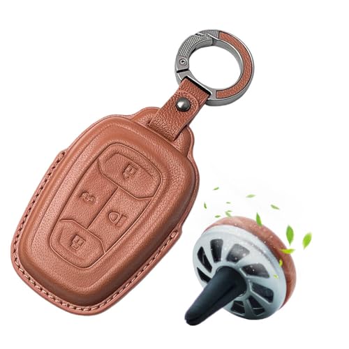 Image of Keyzone Premium Leather Key Cover & AC Vent Car Perfume Combo (4 Fragrances) | Compatible for Tata Nexon, Harrier, Safari, Altroz, Punch, Tigor 4 Button Smart Key. (Brown)